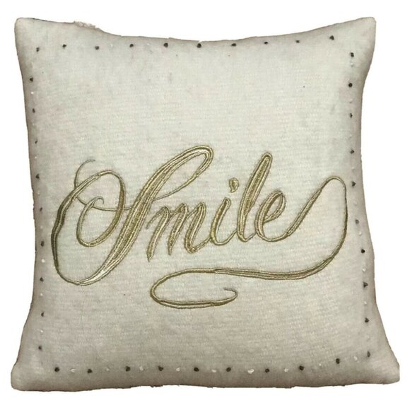 Anthropologie Anthro Pillow Cover 20x20 Cream Gold Green Merry Sentiments SMILE - Picture 1 of 3